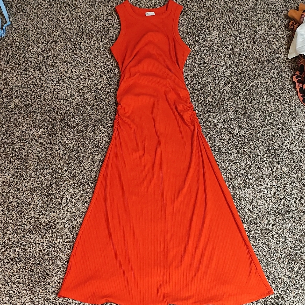 A New Day | Elegant Reddish Orange Synched Side Sleeveless Maxi Dress